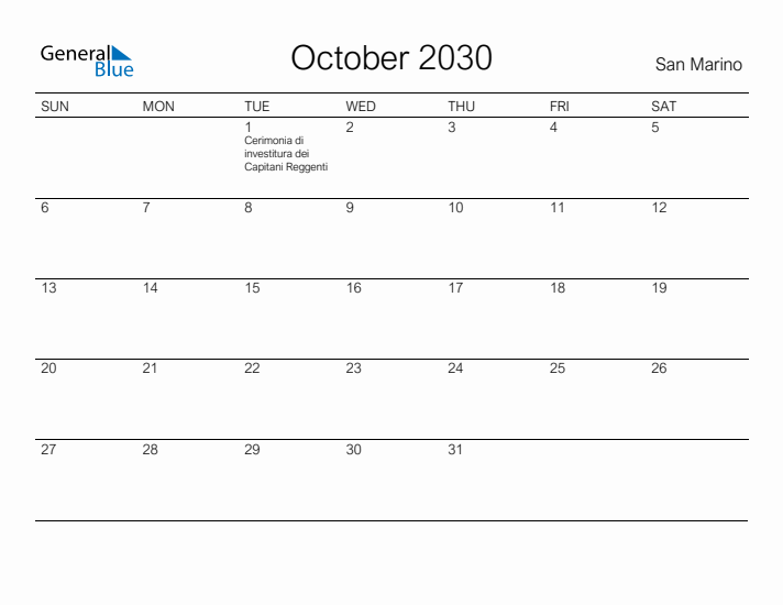 Printable October 2030 Calendar for San Marino