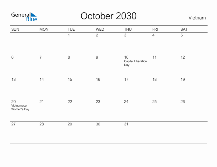 Printable October 2030 Calendar for Vietnam