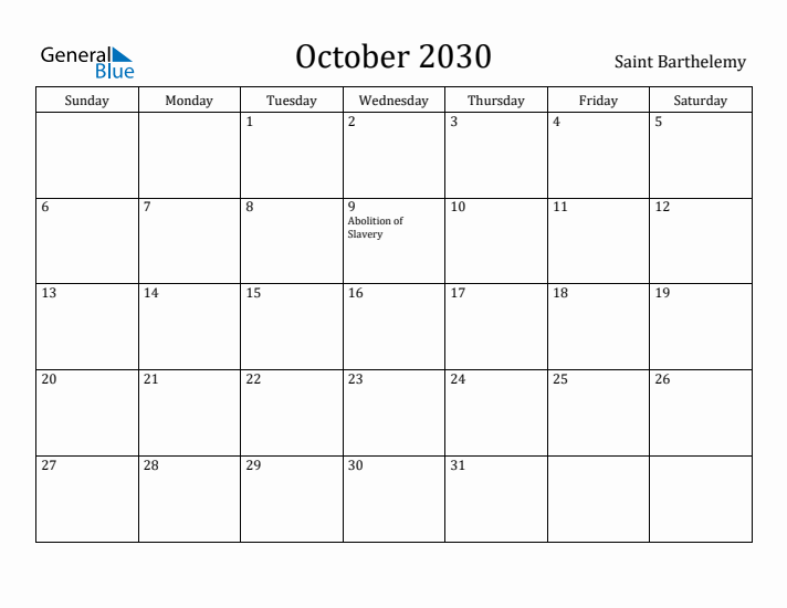 October 2030 Calendar Saint Barthelemy