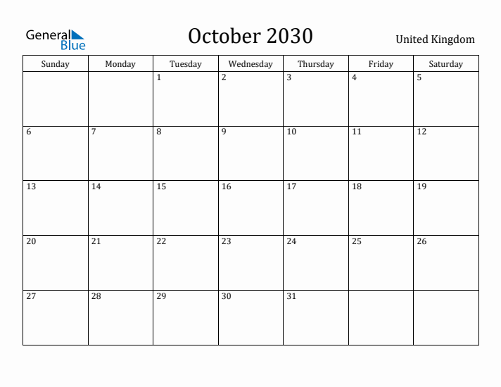 October 2030 Calendar United Kingdom