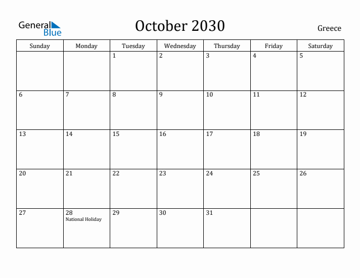 October 2030 Calendar Greece