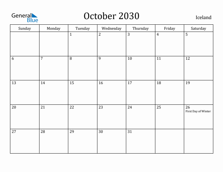 October 2030 Calendar Iceland