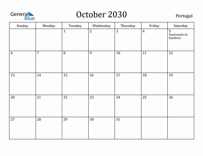 October 2030 Calendar Portugal