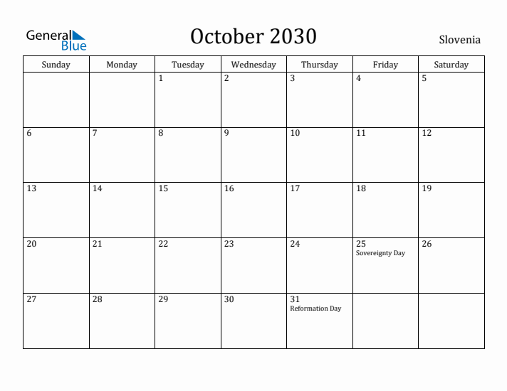 October 2030 Calendar Slovenia