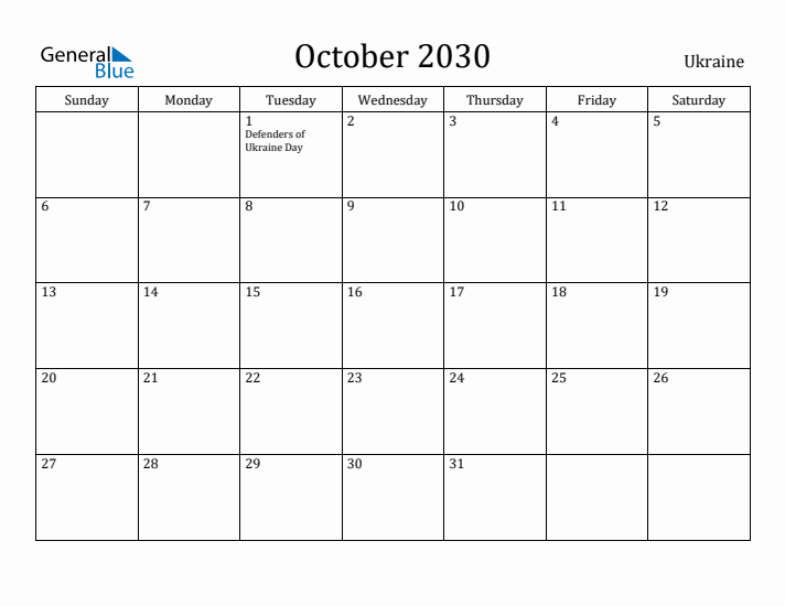 October 2030 Calendar Ukraine