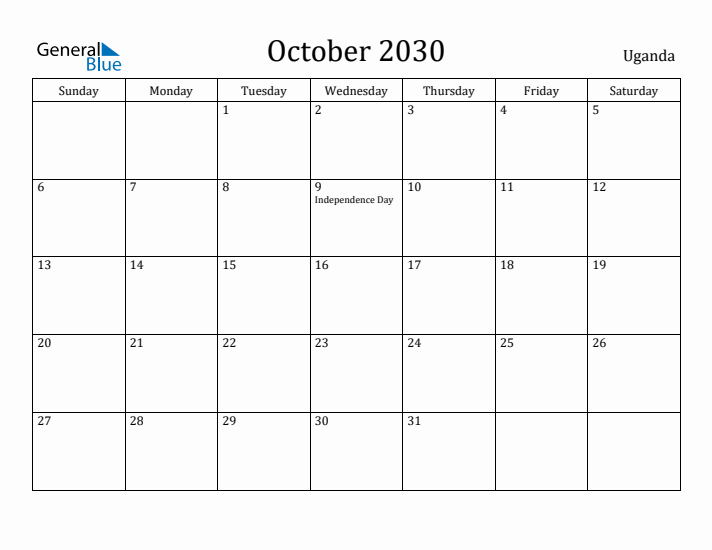 October 2030 Calendar Uganda