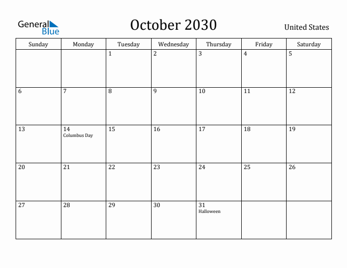 October 2030 Calendar United States