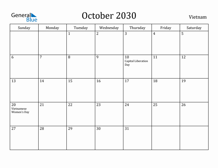 October 2030 Calendar Vietnam