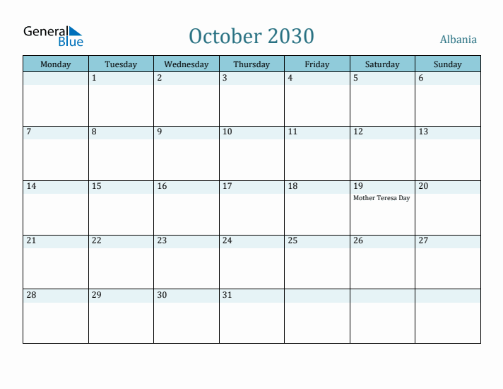 October 2030 Calendar with Holidays