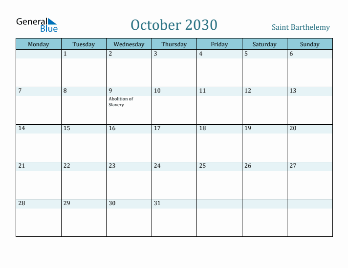 October 2030 Calendar with Holidays