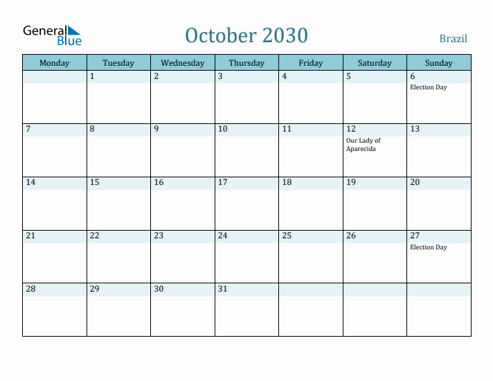 October 2030 Calendar with Holidays