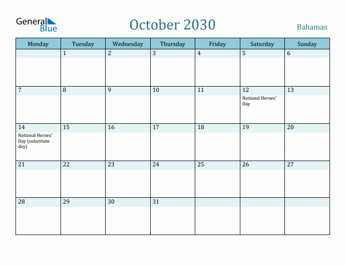 October 2030 Calendar with Holidays