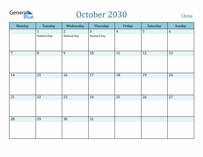 October 2030 Calendar with Holidays