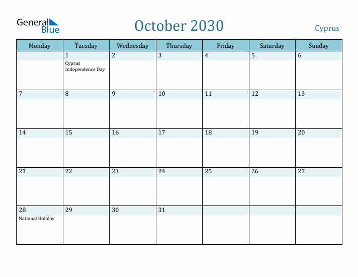 October 2030 Calendar with Holidays