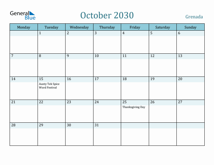 October 2030 Calendar with Holidays