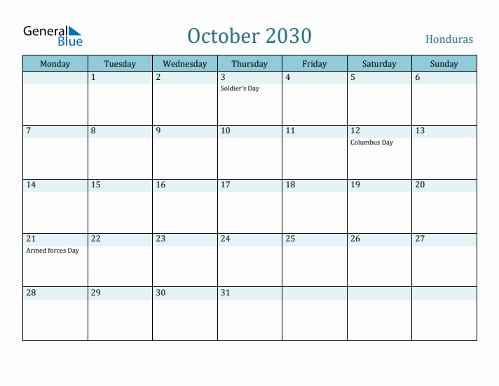 October 2030 Calendar with Holidays