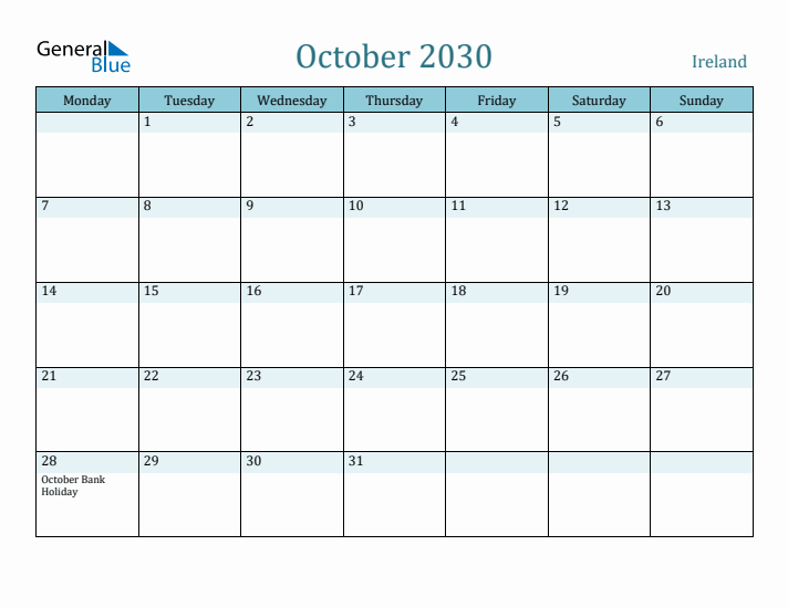 October 2030 Calendar with Holidays