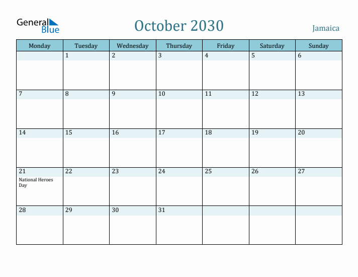 October 2030 Calendar with Holidays