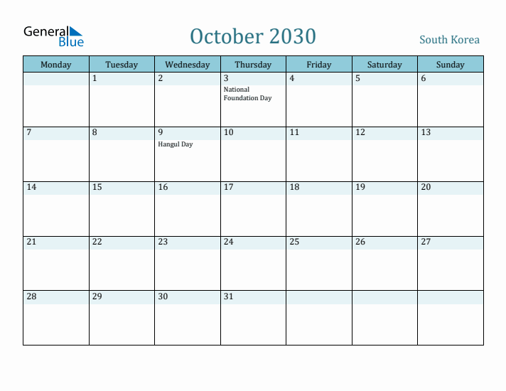 October 2030 Calendar with Holidays