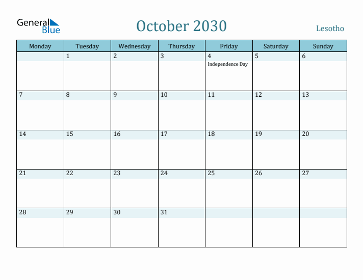 October 2030 Calendar with Holidays