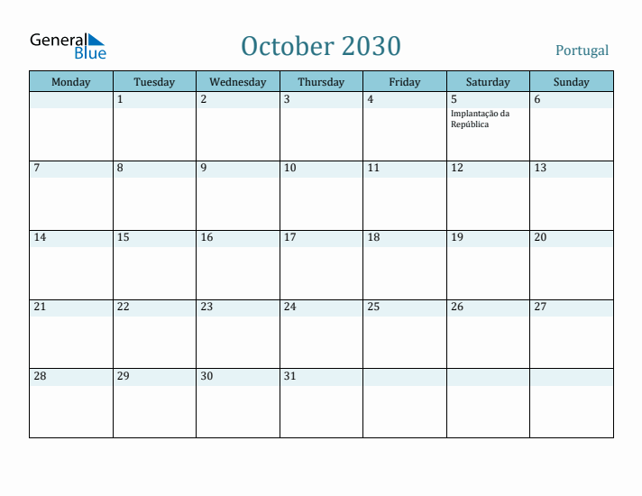 October 2030 Calendar with Holidays