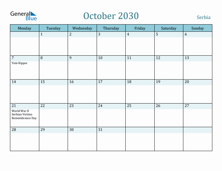 October 2030 Calendar with Holidays