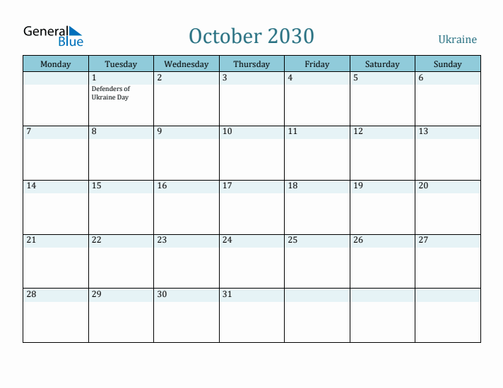 October 2030 Calendar with Holidays