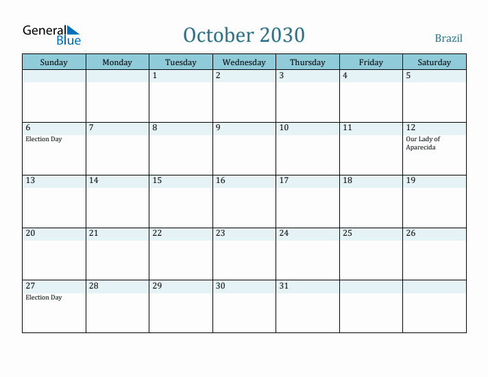 October 2030 Calendar with Holidays