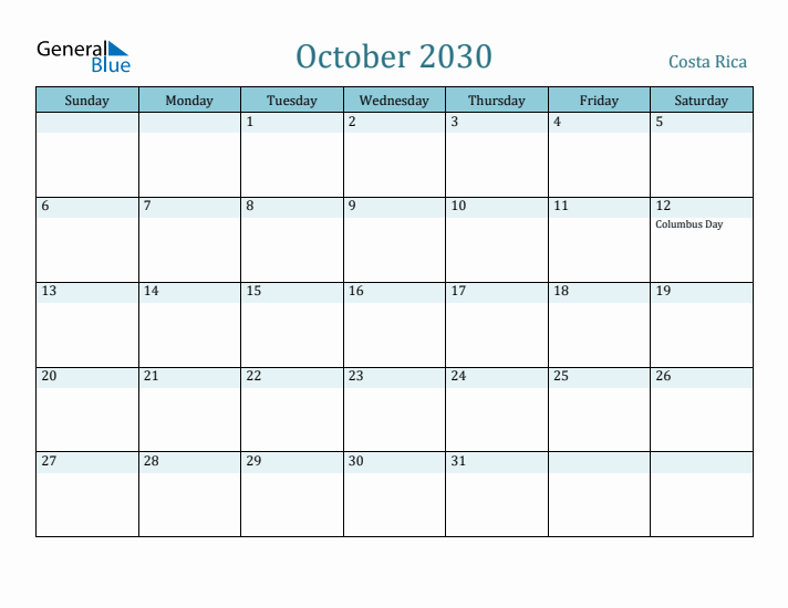 October 2030 Calendar with Holidays