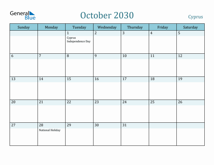 October 2030 Calendar with Holidays