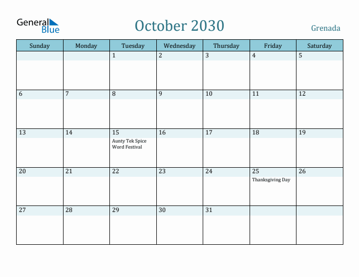 October 2030 Calendar with Holidays