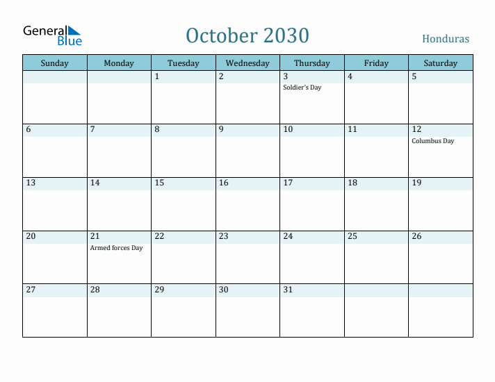 October 2030 Calendar with Holidays