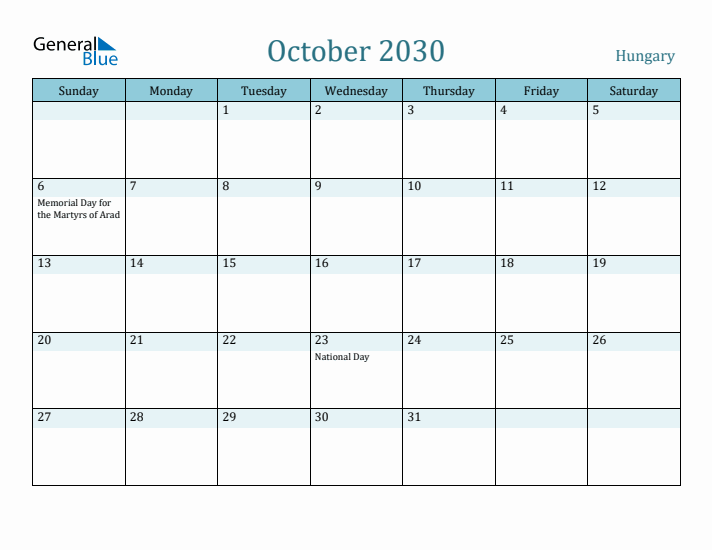 October 2030 Calendar with Holidays