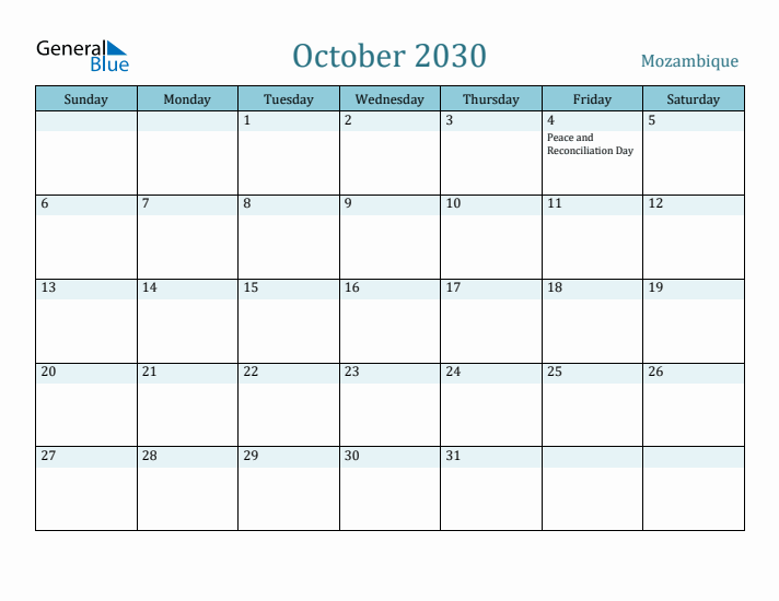 October 2030 Calendar with Holidays