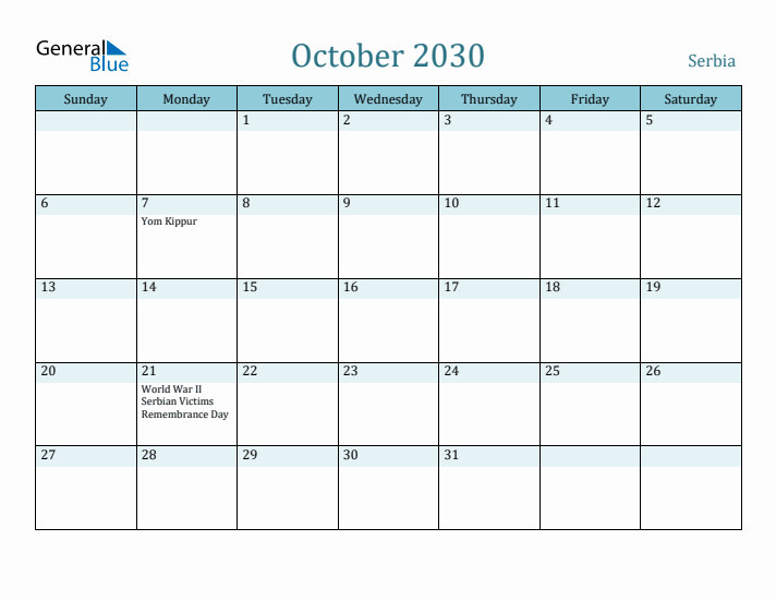 October 2030 Calendar with Holidays