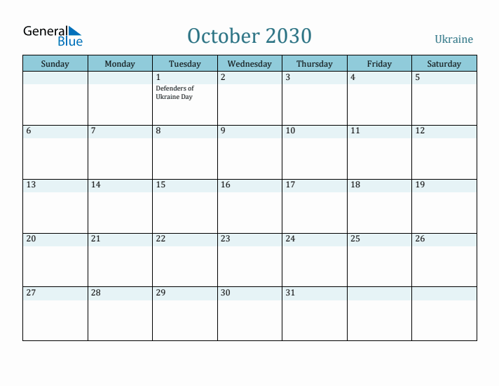 October 2030 Calendar with Holidays