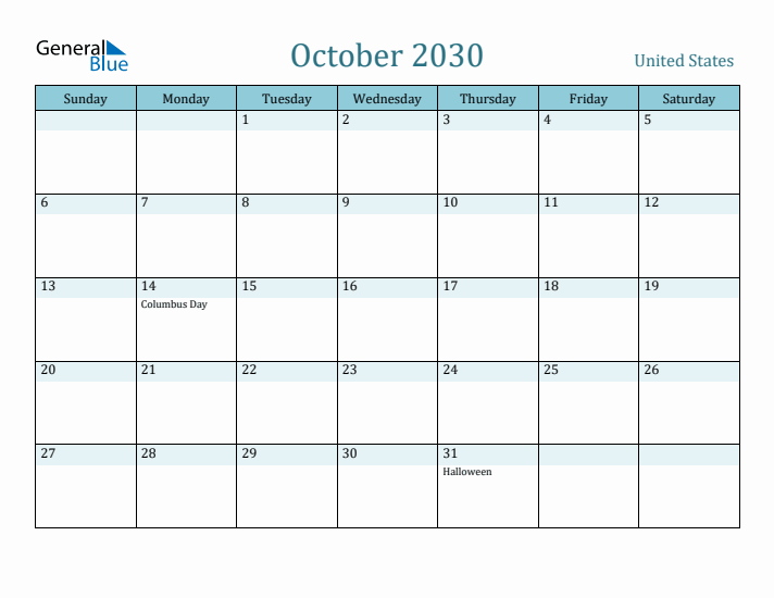 October 2030 Calendar with Holidays