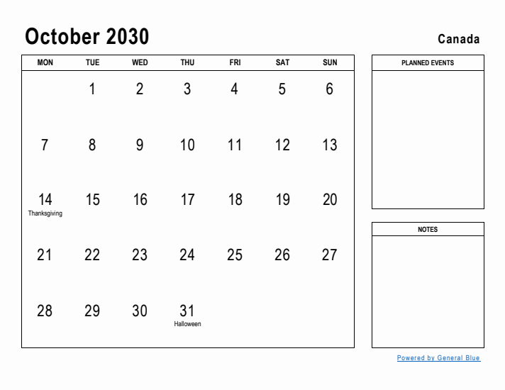 October 2030 Printable Monthly Calendar with Canada Holidays