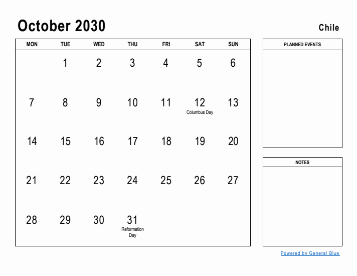 October 2030 Printable Monthly Calendar with Chile Holidays