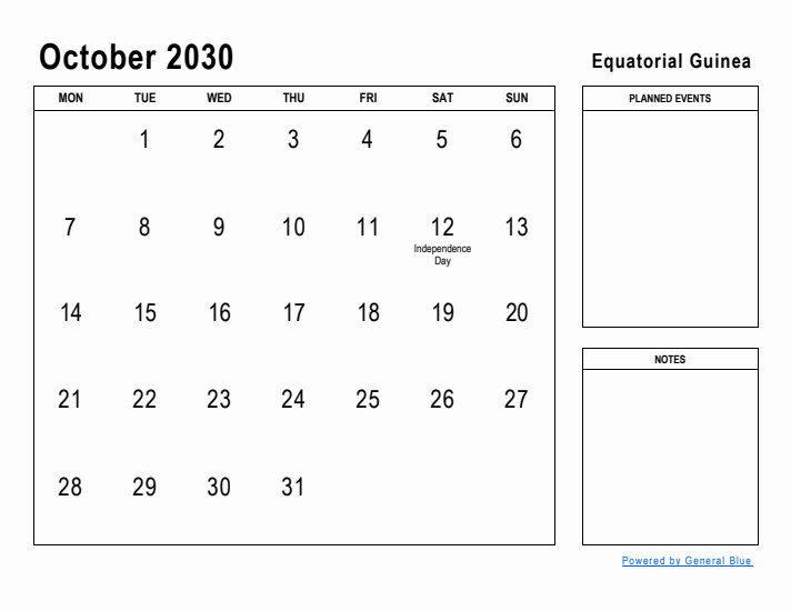 October 2030 Printable Monthly Calendar with Equatorial Guinea Holidays