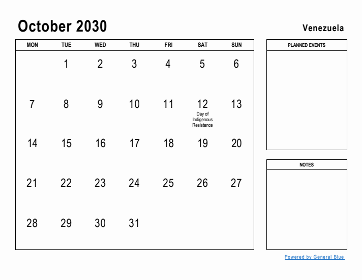 October 2030 Printable Monthly Calendar with Venezuela Holidays