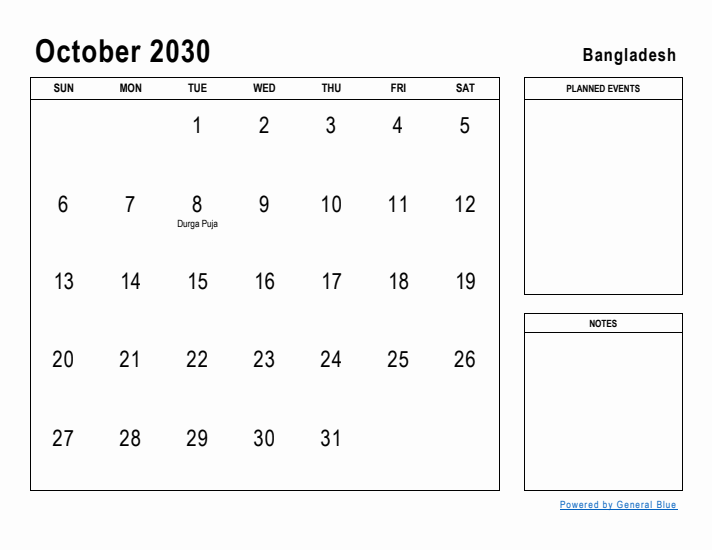 October 2030 Printable Monthly Calendar with Bangladesh Holidays