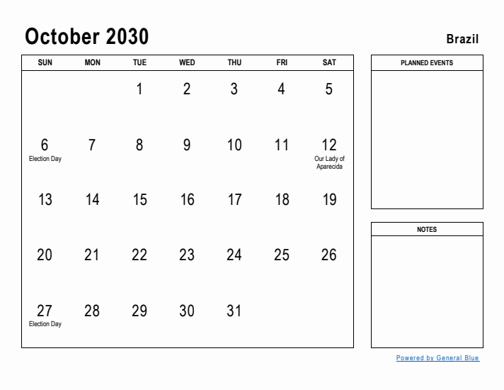 October 2030 Printable Monthly Calendar with Brazil Holidays