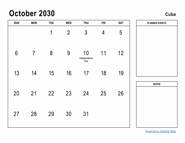 October 2030 Printable Monthly Calendar with Cuba Holidays