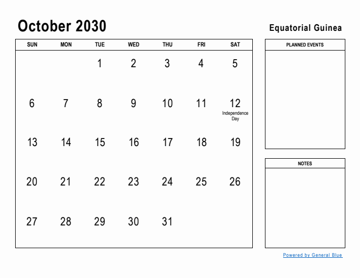 October 2030 Printable Monthly Calendar with Equatorial Guinea Holidays