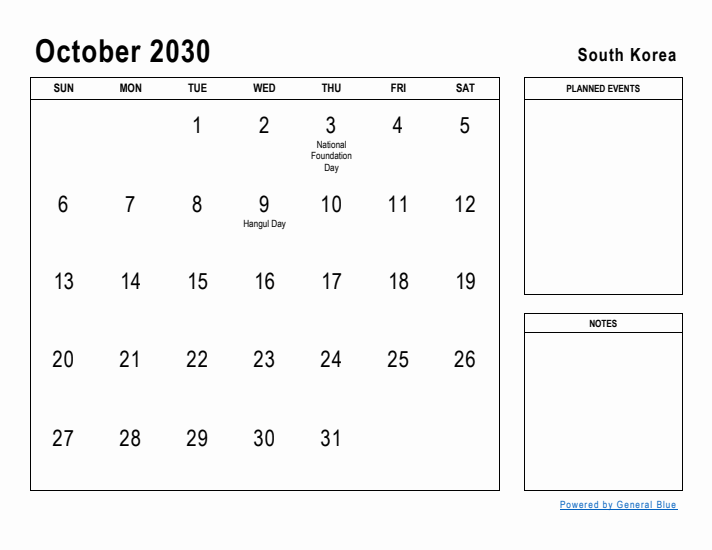 October 2030 Printable Monthly Calendar with South Korea Holidays