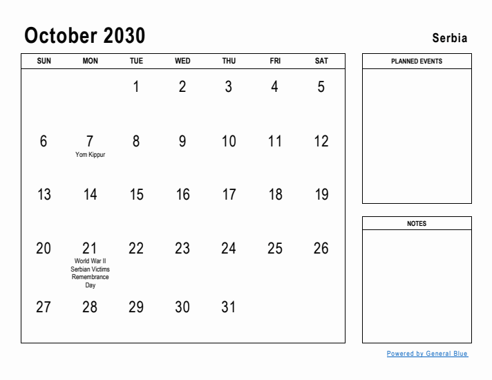 October 2030 Printable Monthly Calendar with Serbia Holidays