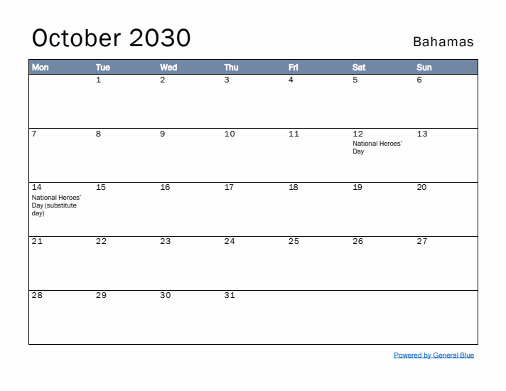 October 2030 Simple Monthly Calendar for Bahamas