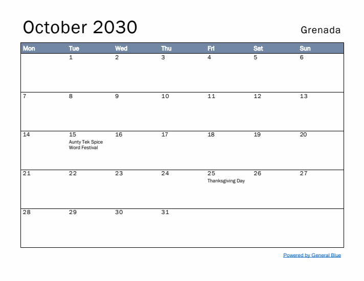 October 2030 Simple Monthly Calendar for Grenada