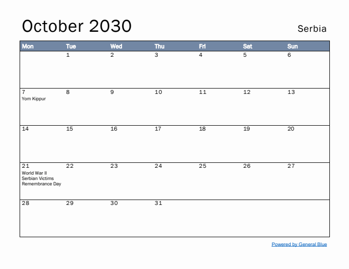 October 2030 Simple Monthly Calendar for Serbia